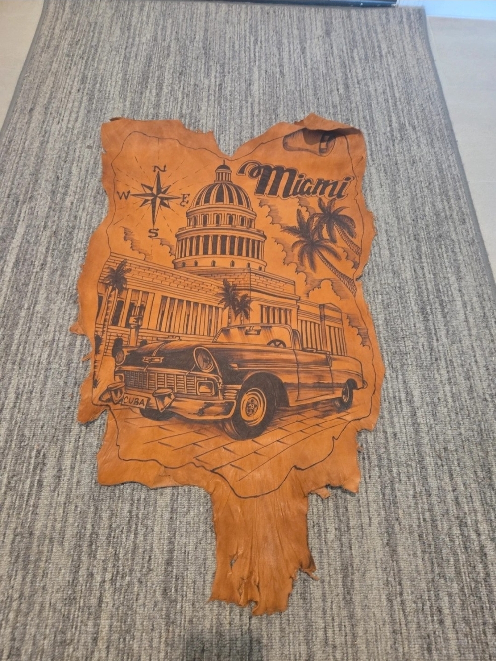 Vintage Miami Leather Wall Art - Orange Car Illustration